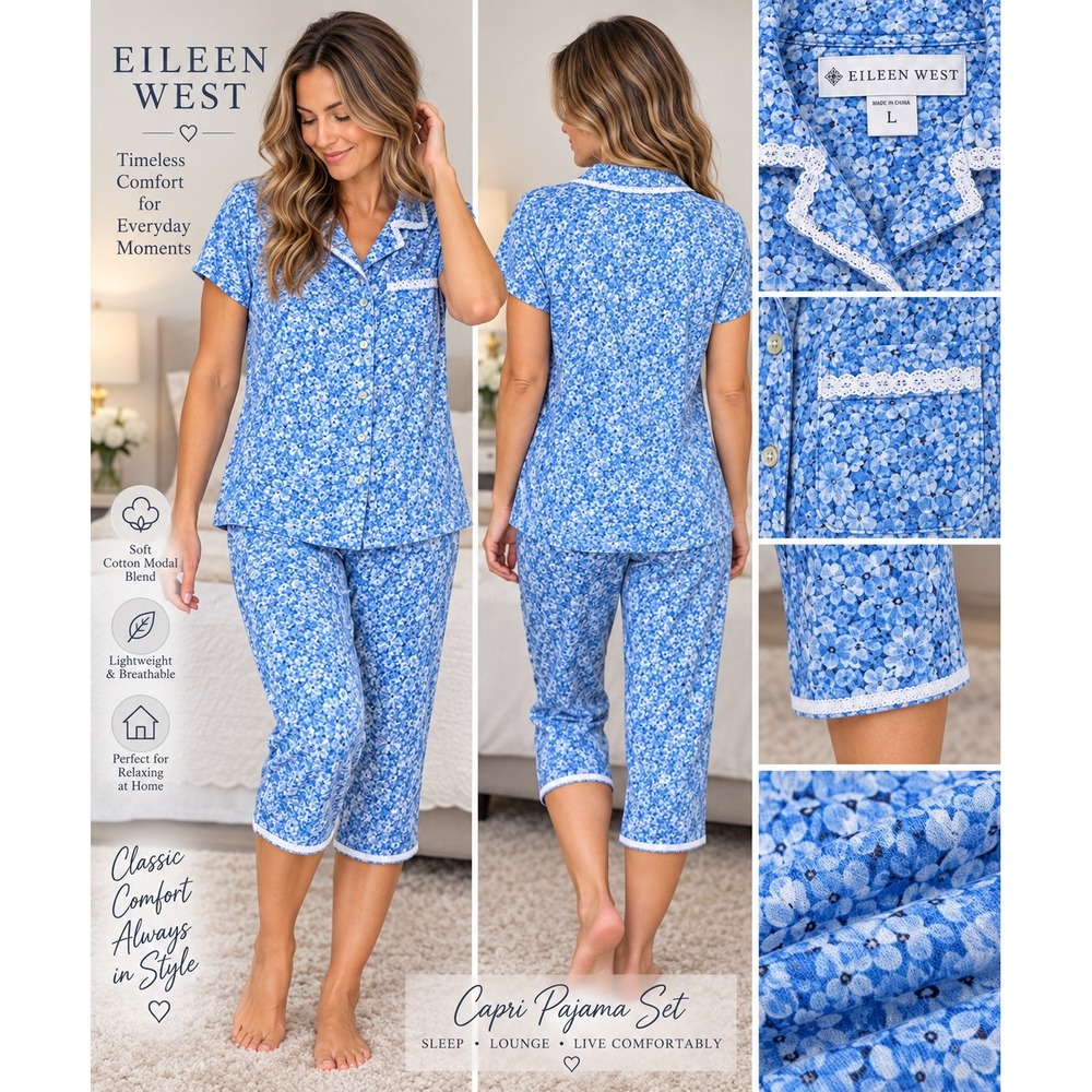 Eileen West Pajama Set Blue Floral Cotton Modal Lace Trim Sleepwear Size L